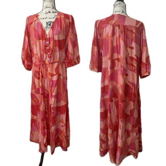 SMOCKED MAXI DRESS Sz 3XL PINK/ORANGE TIERED 3/4 Sleeve BOHO CHIC 100% RAYON - Picture 1 of 16